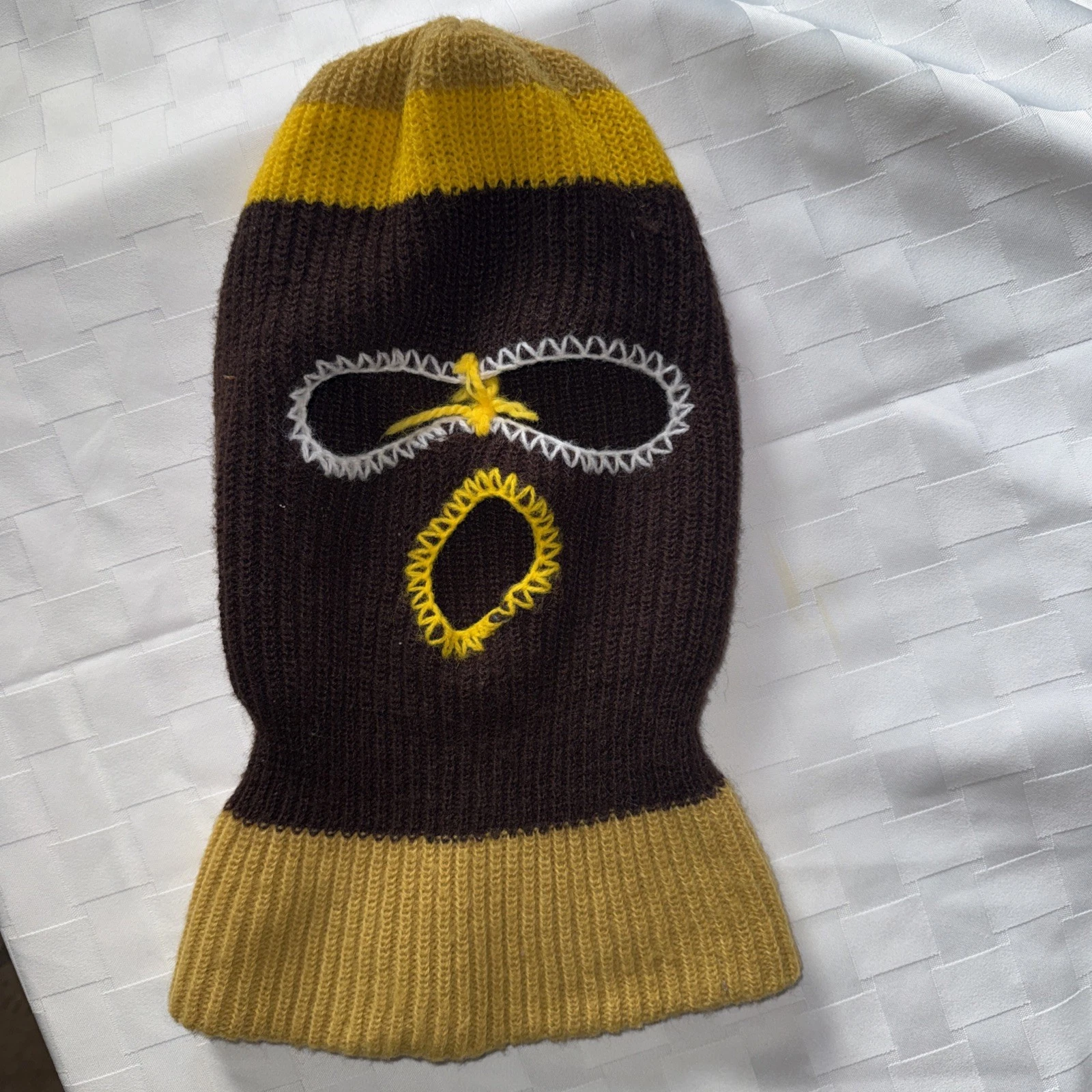 Vintage 1970s 1980s KNIT SKI MASK stocking Hat Cap Brown yellow no holes/rips