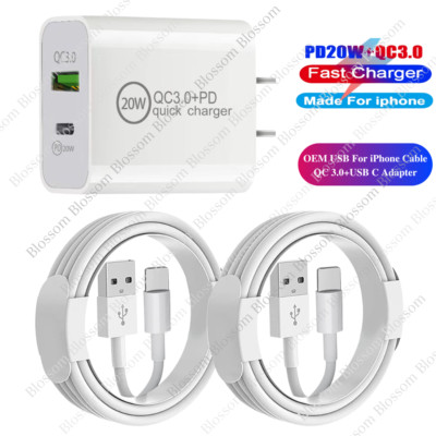 QC3.0 Fast Wall Charger 20W Power Adapter USB Cable For Apple iPhone 13 11 8 6 5