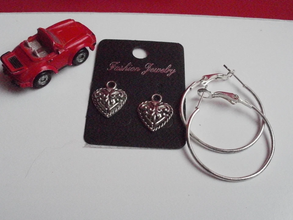 QTY LIMITED FASHION HEART Earring Silver Ton Large Round Hoop Dangle Pendant LOV - Image 4 of 4