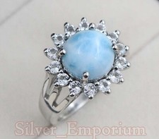 10 MM Round Natural Larimar Gemstone 925 Sterling Silver Wedding Ring For Women