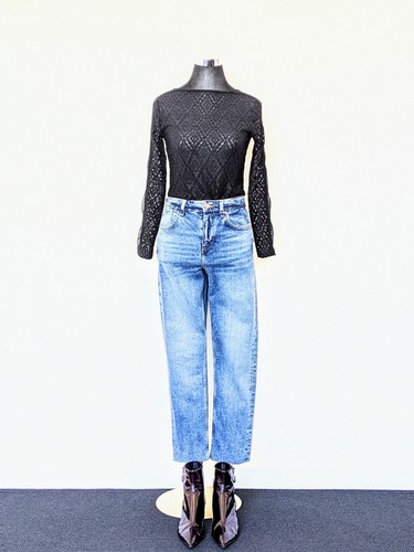 Zalora Black Sheer Lace Crew Neck Top Mesh Long sleeves Tee Shirt - Picture 6 of 11