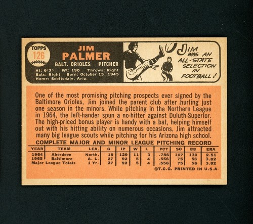 Jim Palmer 1966 Topps RC (HOF) Baltimore Orioles #126 NM+ - Picture 2 of 2