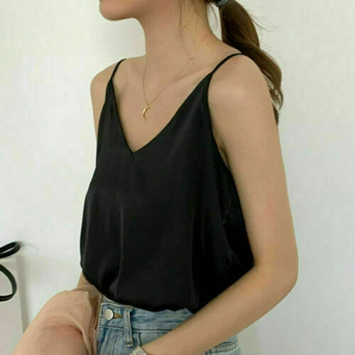 Damen Satin Seide Camisole Tank Top Träger V-Ausschnitt Träger Unterhemd Freizeit Basic Top - Bild 7 von 36