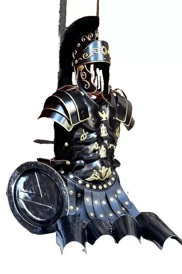 Medieval Shield, Leg & Arm Guard Roman Black Muscle Armor Cuirass Set w/ Helmet - Image 3 of 4