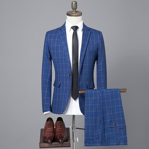 Blue Plaid Men Suit Vintage Check Retro Party Prom Groom Tuxedo Wedding 3 Piece - Picture 2 of 10