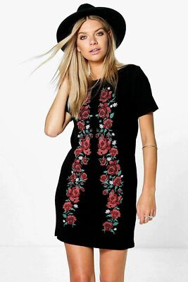 NEW NWT Boohoo Women's Mila Rose Printed Embroidered Shift Dress  Sz 4 US, 8 UK
