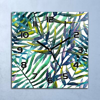Wanduhr Echt-Glas-Küchenuhr Blätter grün blau Quarz Lautlos 30x30 Deko