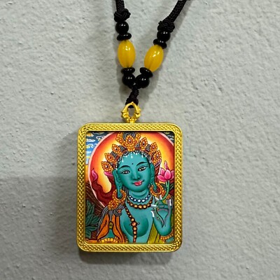 Green Tara Thangka Painting Pendant, Amulet, Necklace, Jewelry