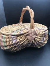 Vtg Buttocks Gods Eye Woven Egg Gathering Basket Primitive 20” x16”x 16” Multi