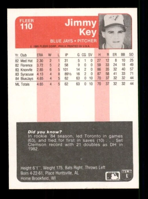 1985 Fleer #110 Jimmy Key RC NMMT - Image 2 of 2