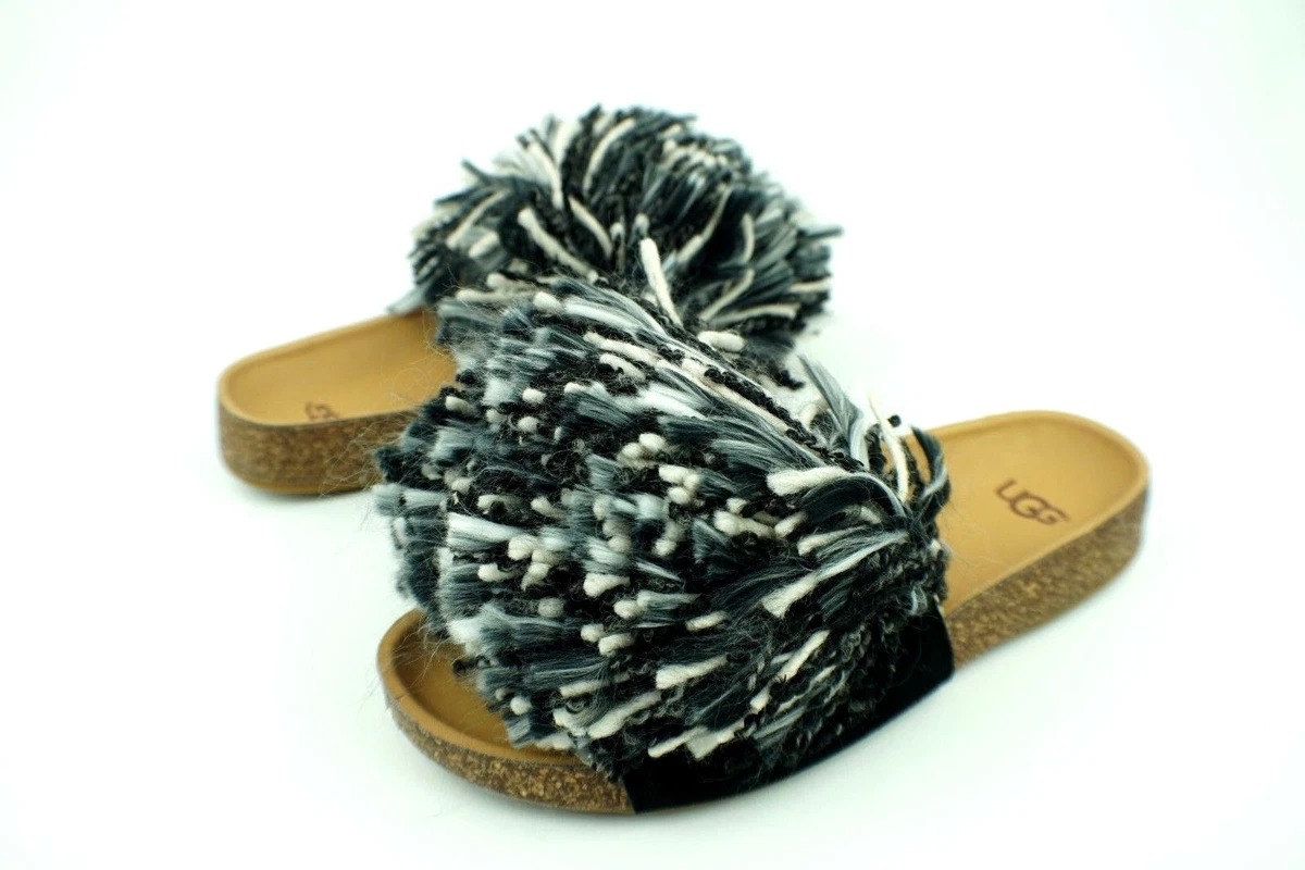 UGG CINDI SUEDE YARN TRIM BLACK WHITE SANDALS SLIDE SIZE 7 US WOMENS