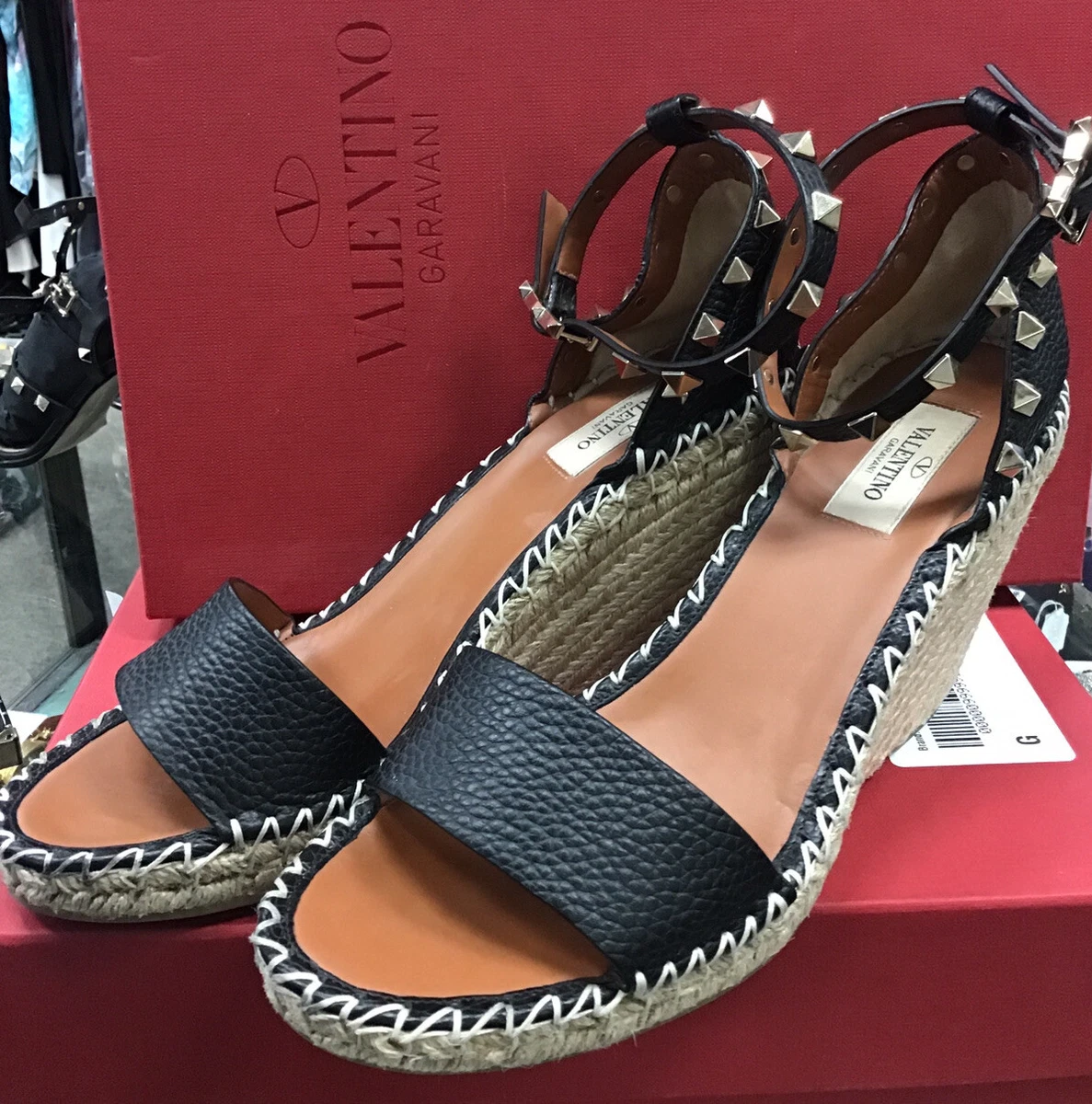 Valentino Leather Studded Accents Espadrilles - Black Sandals