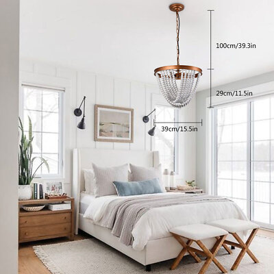 Wood Bead Chandelier Pendant Rustic Bohemian Boho Beachy Ceiling Lamp 3-Lights