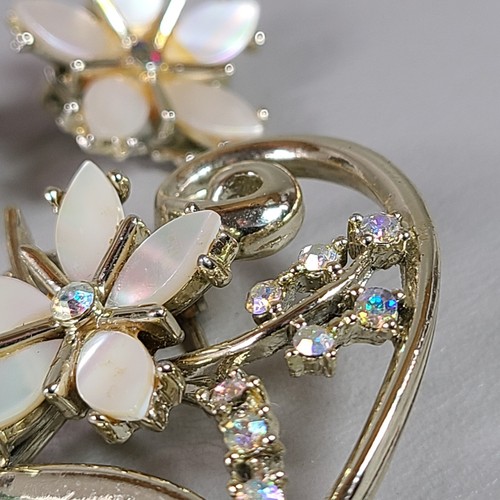 Amerique Brooch Earrings Set Mother Of Pearl Rhinestone Gold Tone Signed
