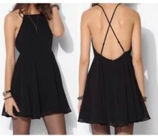 UO Silence & Noise Black Dress Sz 4 Chiffon Open Back Skater Fit & Flair Mini