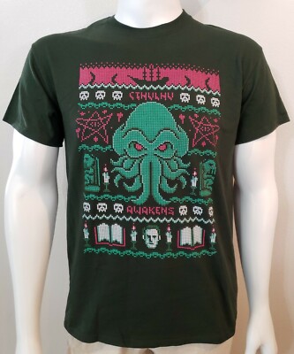 Cthulhu T Shirt Mens Medium Christmas Creature Green Cross Stitch Nerd Block