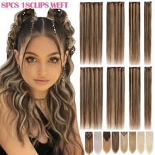 US Double Weft Clip In Real Remy Human Hair Extensions Full Head Thick Highlight