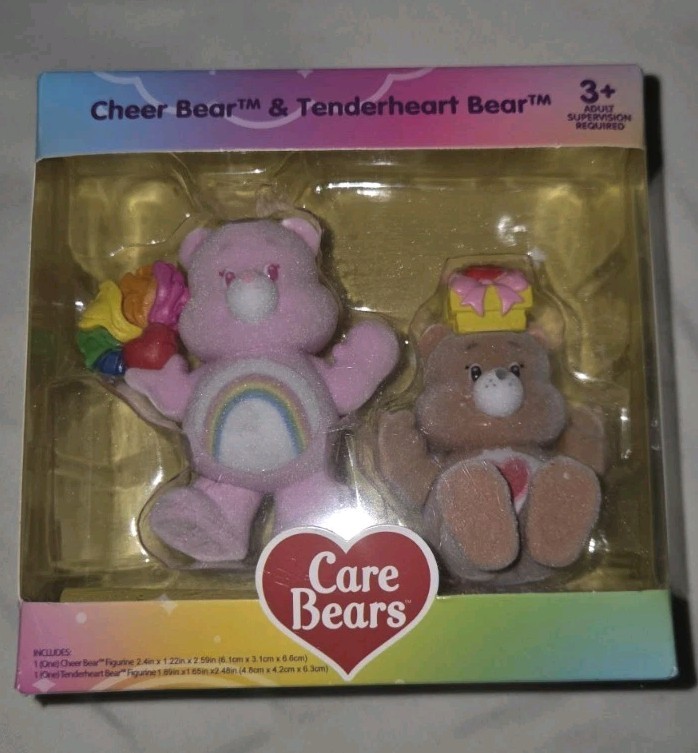 Care Bears Flocked Figures 2-Pack Cheer Bear & Tenderheart Bear New
