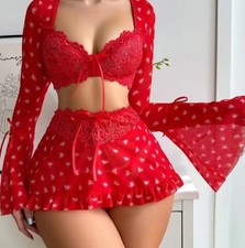 cute heart print contrast lace spliced sheer open front 3 piece set Wth 2 Thongs