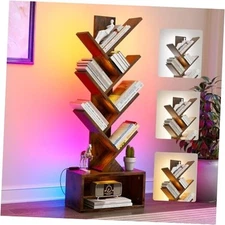 6 Tier Tree Bookshelf with Lights, LED Book Tree Bookshelf with Rustic Brown
