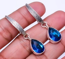 Blue Sapphire Simulated 925 Sterling Silver Handmade Earring 1.76" E934812246