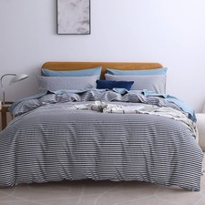 JELLYMONI 100 Natural Cotton 3pcs Striped Duvet Cover Sets,White with Navy B...