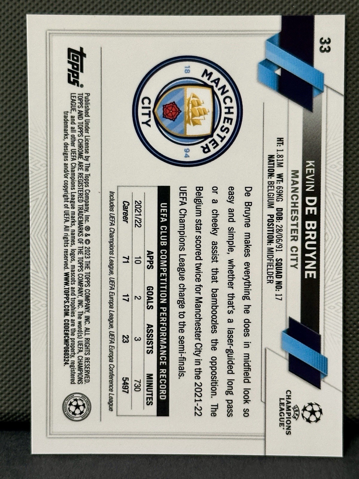 Kevin De Bruyne 2022-23 Topps Chrome Sapphire #33 Manchester City Soccer Card NM view 2