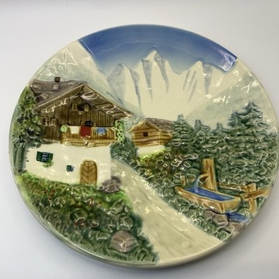 Vintage West Germany Alpine Chalet 3D Relief Ceramic Wall Plate Hanging 9 