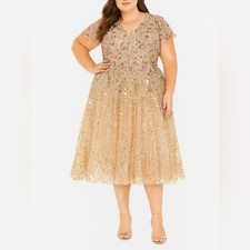 NWT Mac Duggal 20392 Beige Embellished Butterfly Fit and Flare Tea Length Dress