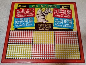 Pig in a Poke vintage 5¢ punchboard gambling game decor