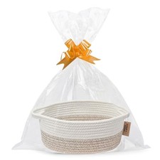 COMFY HOMI Small Woven Baskets with Handles, Gift Bags and Ribbons White Brown