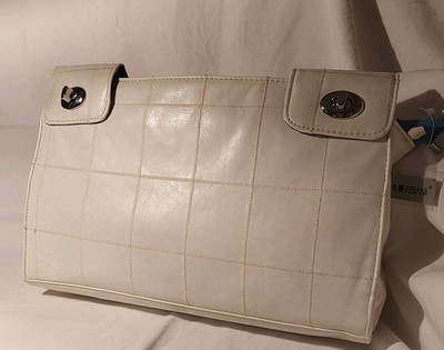Clutch Handtasche Damen Fabiani Crem Echt Leder Innen Blau Gefüttert  VINTAG NEU