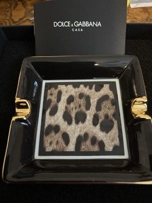 DOLCE & GABBANA CASA 100% Porcelain Ashtray Black Yellow Leopard Print Rectangle