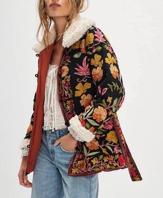 Free People Ingrid Tach Jacke Gr. M bestickt mit Gürtel mehrfarbig
