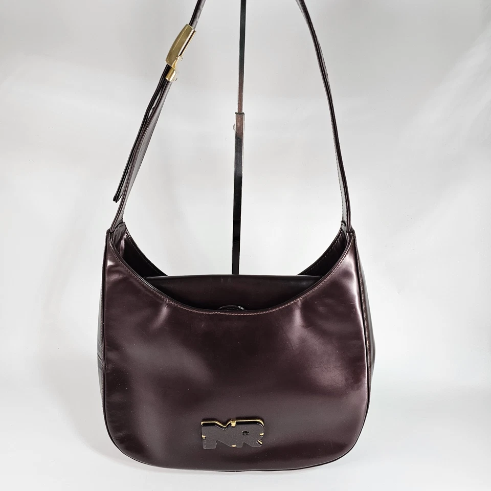 Bolso de Hombro de Cuero Nina Ricci Granate Correa Ajustable Media Luna Hecho en Italia Foto 3 de 4