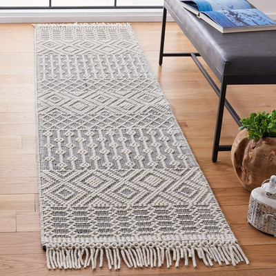 Handmade Moroccan Boho Runner Rug 2'3'' x 22' - Ivory & Black Wool Fringe