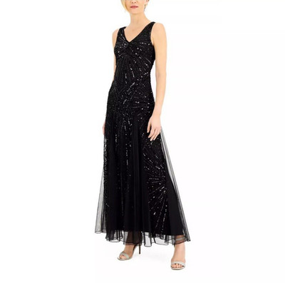 NWOT J KARA Gorgeous Womens V-Neck Beaded Long Gown Dress Black Size 10 $400 NEW