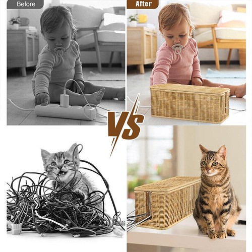 Desktop Cable Management Box with Cover Rattan Style Power Cord Organizer Case - Picture 7 of 12