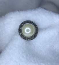 Vintage Sterling Silver Cocktail Ring Faux Pearl  Marcasite Size 7 Large Ring