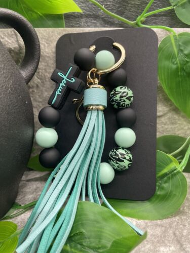 7" Handmade Silicone Bead Leather Tassel Keychain Jesus Purse Wristlet B1491