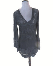 La Blanca XS Dress Tunic Bell Sleeve Swim Cover-Up Black Embroidered Aztec NWOT