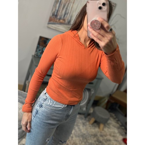 Sexy Ribbed Hoodie Cropped Crew Neck Long Sleeve Slim Fitted Shirt Top Orange - Picture 2 of 9