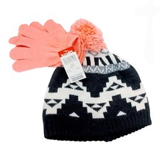 Girls Beanie Hat  Gloves Set-Ages 8-16-Black-White-Orange Aztec