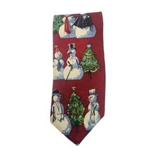 HOHOHO 100% Silk Christmas Necktie with Snowmen & Trees ~ Made in USA! PRISTINE!