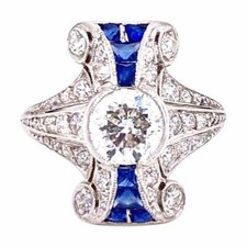 935 Silver Lab-Created Old European Cut CZ With Fine Blue Sapphire Women Ring