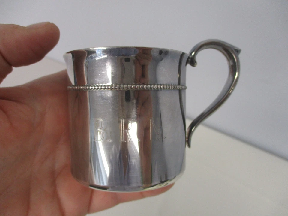 REED & BARTON "ROYAL BEAD" SILVERPLATE BABY MUG w MONOGRAM "BRN" - Image 2 of 4