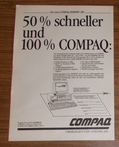 Seltene Werbung COMPAQ DESKPRO 286 Computer - 50% schneller 100% Compaq 1987 - 第 1/1 張圖片