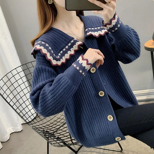 Long Sleeve Lapel Neck Collar Sweater Women Short Jacket Short Knitwear - Bild 13 von 24