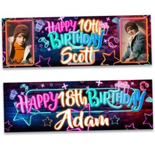 Personalised birthday banner photo neon colour boy girl man party deocration