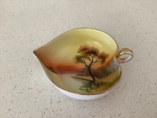 NORITAKE ANTIQUE HAND PAINTED HEART SHAPE HANDLED BOWL HOUSE BY THE LAKE